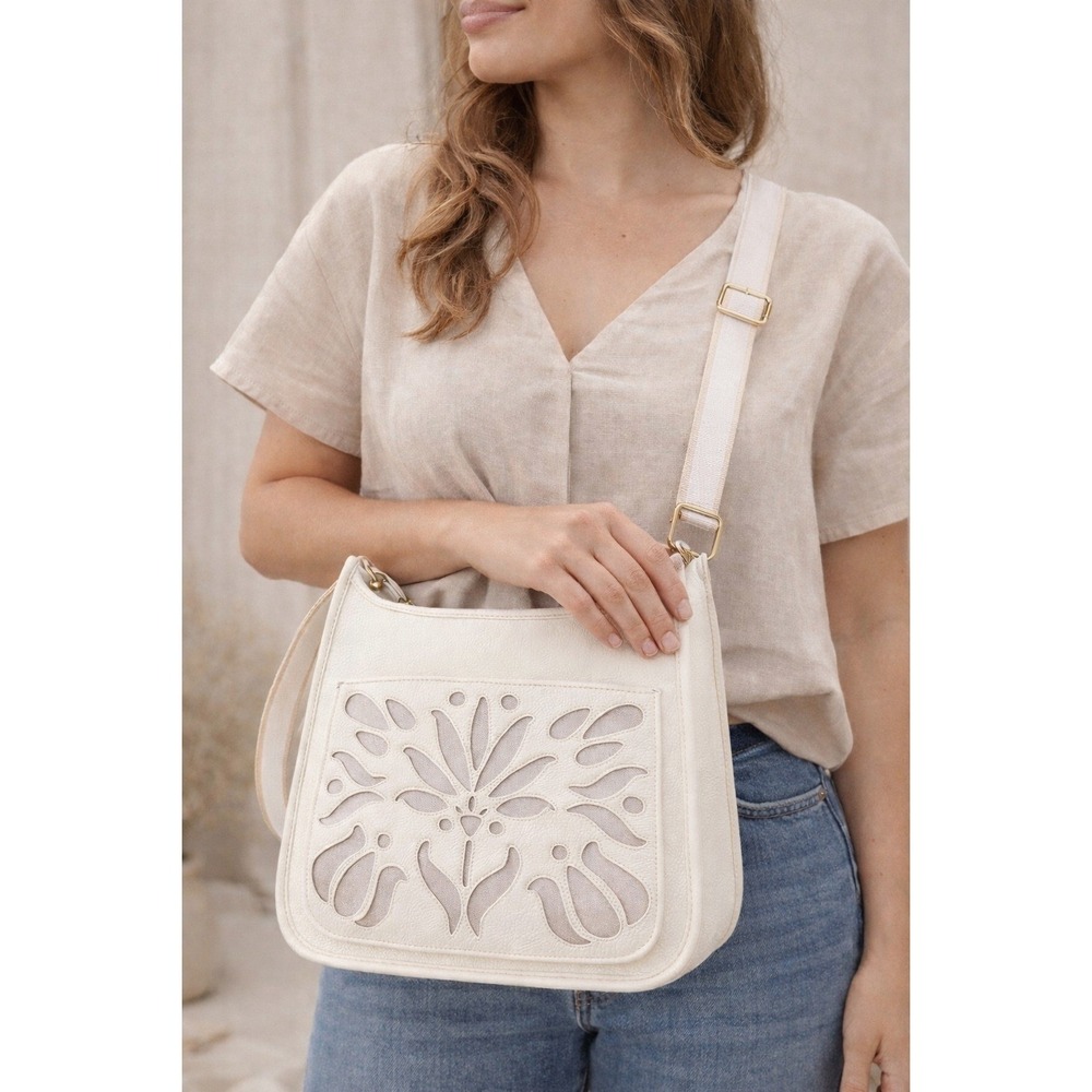 Style & Co White Floral Cutout Crossbody Bag Gold Hardware Boho Chic NWT